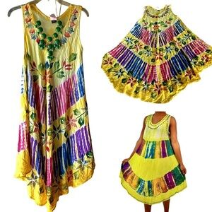 Colorful Summer Umbrella Dress with Floral & Tie Dye Design One Size Sleeveless